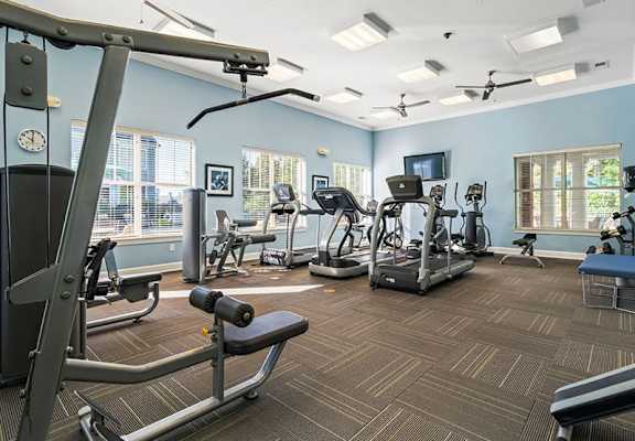 A gym with a variety of equipment including treadmills, weights, and exercise machines.