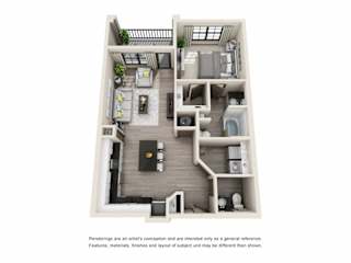 The Harris 3D. 1 bedroom apartment. Kitchen with island open to living room. 1 full bathroom + powder room. Walk-in closet. Patio/balcony.