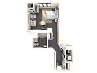 3D floor plan of studio apartment with bathroom at Bay One Apartments, New Jersey