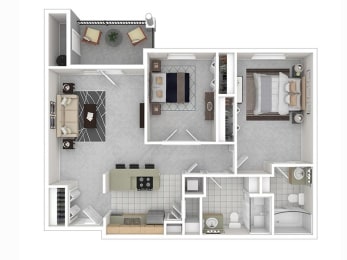 3d floor plan of the 2 bed 1 bath apartment for rent at Riley Court in Bountiful, Utah