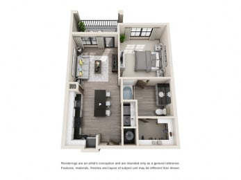 The Bass 3D. 1 bedroom apartment. Kitchen with island open to living room. 1 full bathroom. Walk-in closet. Patio/balcony.