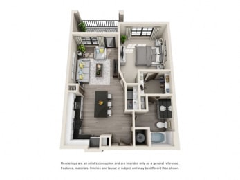 The Oatts 3D. 1 bedroom apartment. Kitchen with island open to living room. 1 full bathroom. Walk-in closet. Patio/balcony.