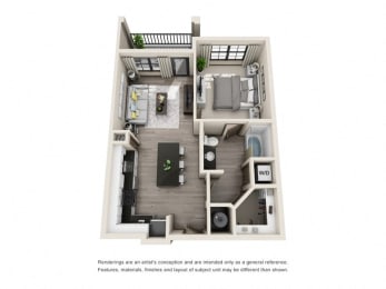 The Palm 3D. 1 bedroom apartment. Kitchen with island open to living room. 1 full bathroom. Walk-in closet. Patio/balcony.