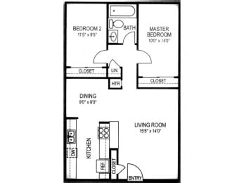 2 bed 1 bath floor plan