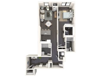 3D floor plan of one bedroom apartment with balcony at Bay One Apartments, Bayonne, NJ 07002