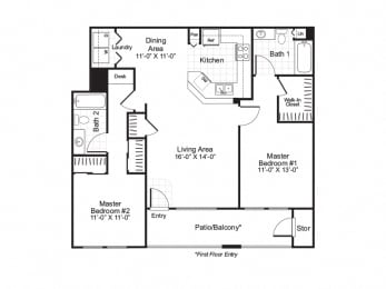 2 Bedroom 2 Bath Floor Plan Layout - 1006 Square Feet at Alta Vista, California
