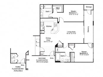2 Bedroom 2 Bath Floor Plan Layout - 1006 Square Feet  at Alta Vista, California, 92026