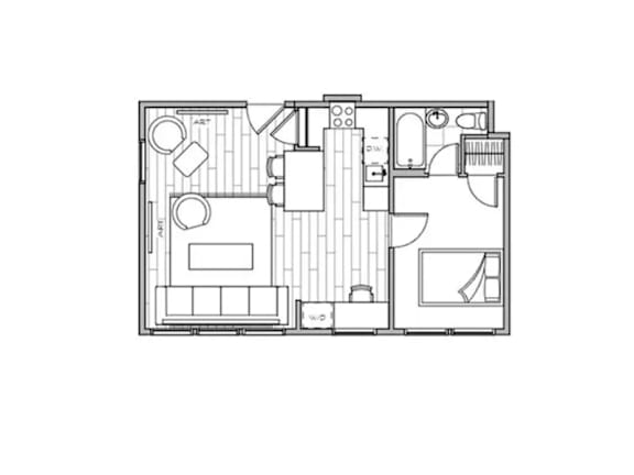 black and white drawing of the furnished bedroom and living room of the compact house