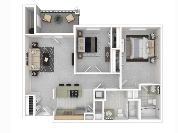 3d floor plan of the 2 bed 1 bath apartment for rent at Riley Court in Bountiful, Utah