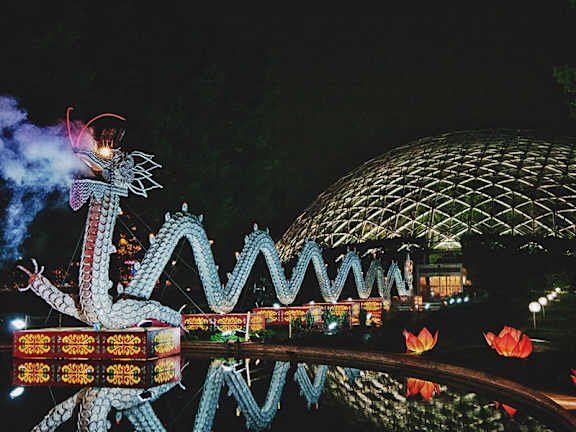 a dragon statue at the festival of lights at night