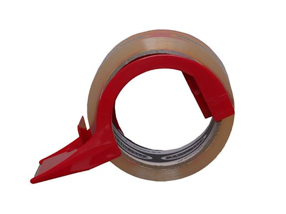 A roll of tape with a red and black tape dispenser.