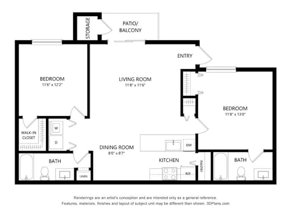 A black and white floor plan of a home with three bedrooms, a living room, a dining room, a kitchen, and two bathrooms.