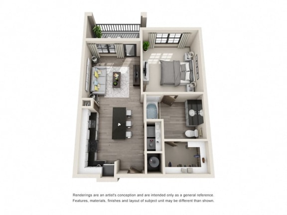 The Bass 3D. 1 bedroom apartment. Kitchen with island open to living room. 1 full bathroom. Walk-in closet. Patio/balcony.
