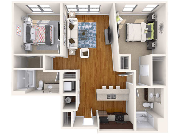 C4 two bedroom, two bathroom apartment floor plan