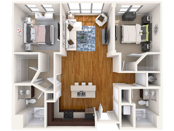 C6 two bedroom, two bathroom apartment floor plan