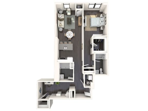 3D floor plan of one bedroom apartment with balcony at Bay One Apartments, Bayonne, NJ 07002