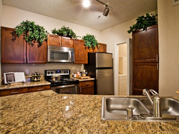Upgraded kitchen with wood cabinets at Dallas apartments that accept cosigners