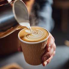A person is pouring milk into a cup of coffee.