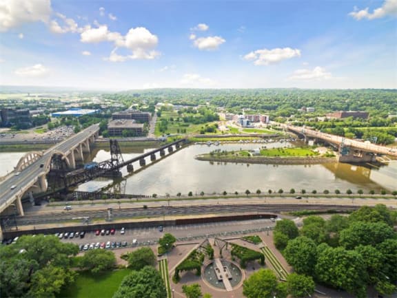 an aerial view of a bridge over a river at Kellogg Square, St. Paul, Minnesota
