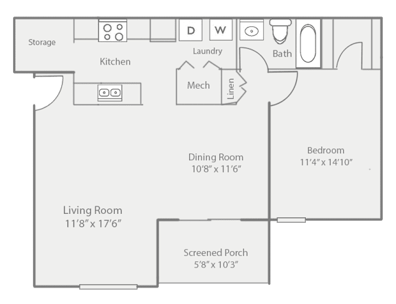 A floor plan of a home with a living room, dining room, kitchen, and bathroom.
