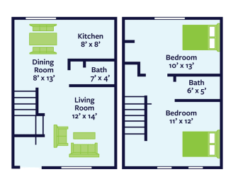 2 bed townhome floor plan