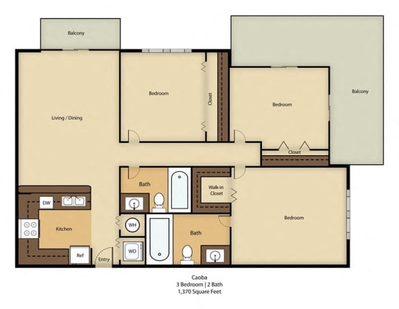 3 Bed 2 Bath Floor Plan | 1,103 Sq. Ft.  at Coral West Apartments Miami FL