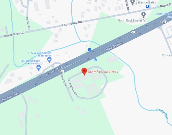 a map of a street with a red stop sign on it
