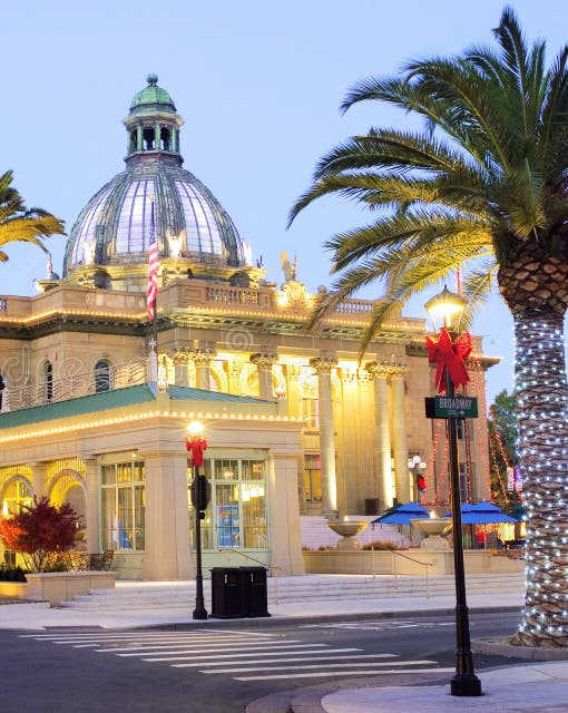 A large building with a dome and palm trees in front.