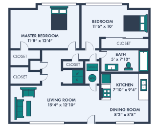 two bed one bath floor plan