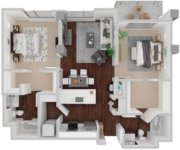 Laguna 3D FloorPlan Image Laguna 2 Bed 2 Bath 981 Sq.Ft. Floor Plan at Venn Apartments, CA
