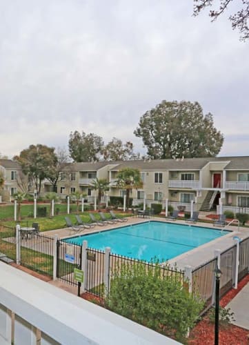 View of pool from balcony l Park Brentwood CA Apartments for rent