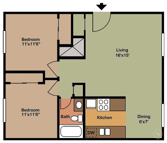 Floor Plan  2 Bedroom, 1 Bath, Lower Level Floorplan/850sqft at Parkside Manor, Coralville, Iowa