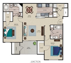 Two Bedroom Two Bath Junction Floor Plan  at Wind Dance, Carrollton, TX