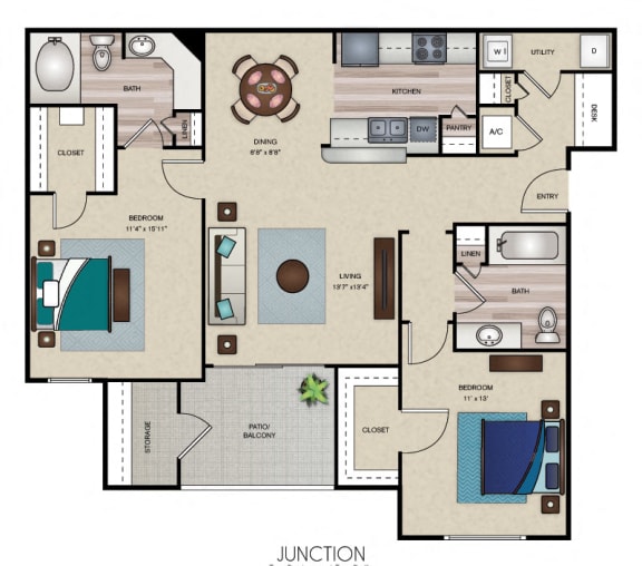 Two Bedroom Two Bath Junction Floor Plan  at Wind Dance, Carrollton, TX