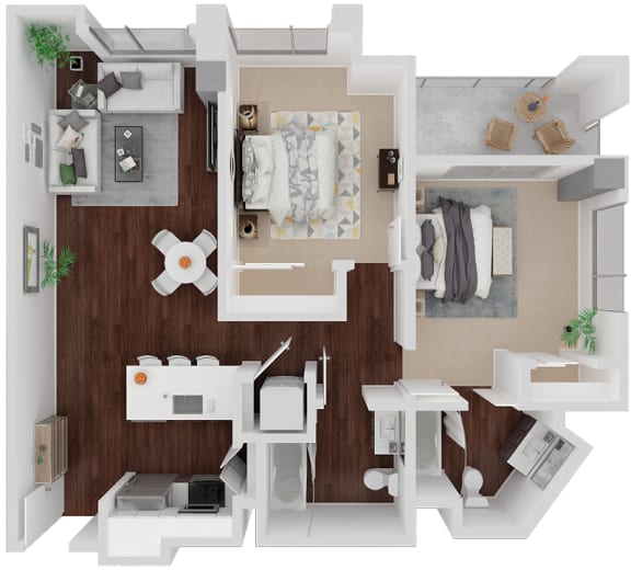 Waller 3D Floorplan Image Waller 2 Bed 2 Bath 987 Sq.Ft. Floor Plan at Venn Apartments, San Francisco, California