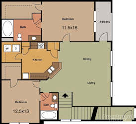 2 Bedroom 2 Bath 1,195 Sq. Ft. Arrowwood Floor Plan  at The Retreat Apartment Homes, North Dakota, 58801