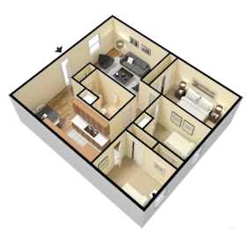 a 3d floor plan with a bedroom and a living room