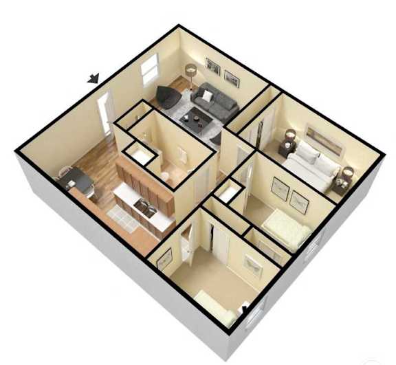 a 3d floor plan with a bedroom and a living room