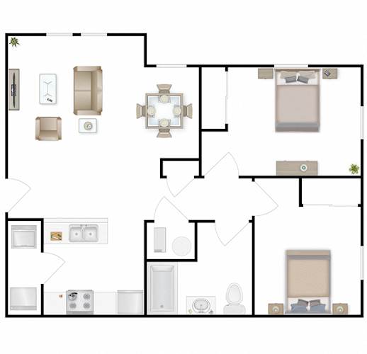 Floor Plan  A floor plan of a 2 bedroom home with virtual staging at Gallatin Trails.