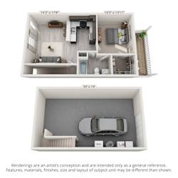 Floor Plan 1 Bedroom with Drive Under Garage - 760sf