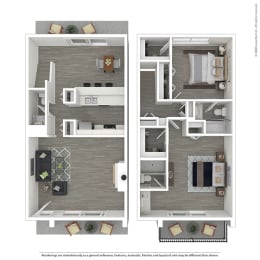 Two bedroom, two and a half bathroom  at Mediterranean Village Costa Mesa, Costa Mesa, CA