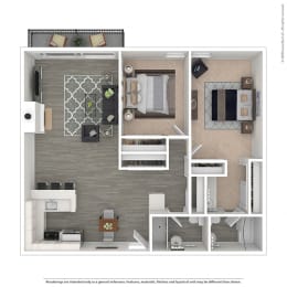 2 bed 2 bath floor plan C at The Meadows Apartments, Culver City