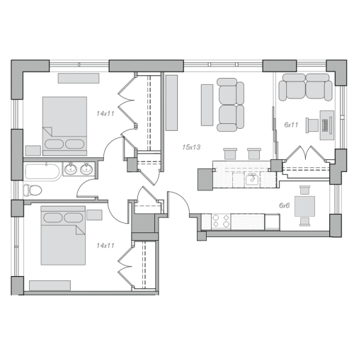 Floor Plan  1090-Square-Foot-Two-Bedroom-One-Bath-Floorplan-Available-For-Rent-Embassy-Tower