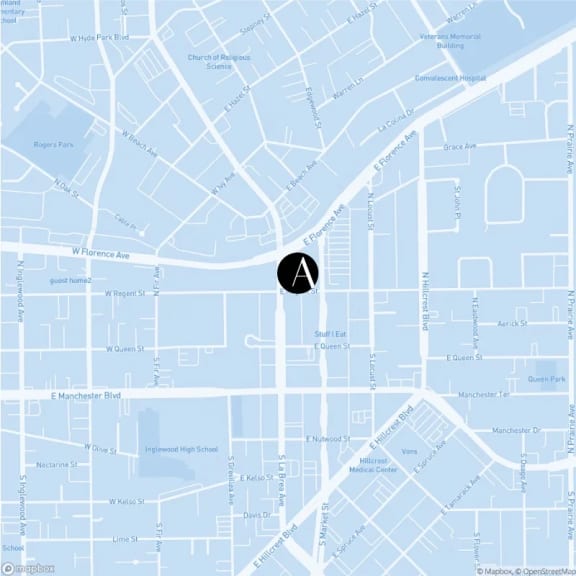 a city map with a black triangle on it
