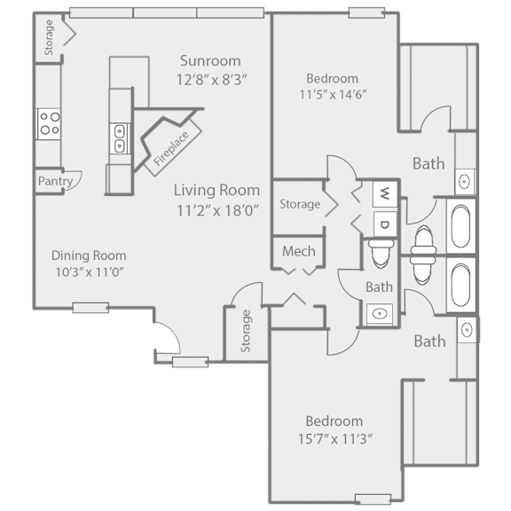 A floor plan of a house with a living room, two bedrooms, a dining room, a pantry, a sunroom, and storage areas.