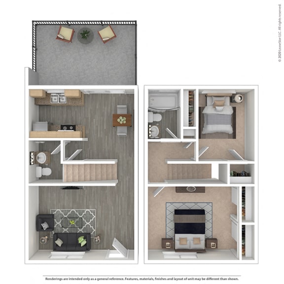 Two bedroom, one and a half bathroom floor plan at Pleasanton Place, Pleasanton, CA