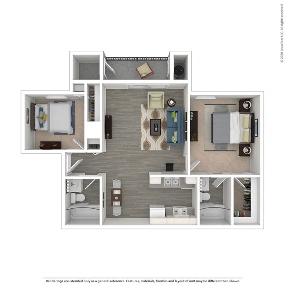 Two bedroom, two bathroom floor plan  at Mountain Vista, Victorville, 92395