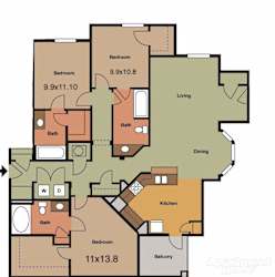 3 Bedroom 3 Bath 1,477 Sq. Ft. Roosevelt Floor Plan  at The Retreat Apartment Homes, Williston, North Dakota