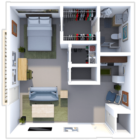 a conceptual rendering of a 1 bedroom floor plan with a bathroom and a living room