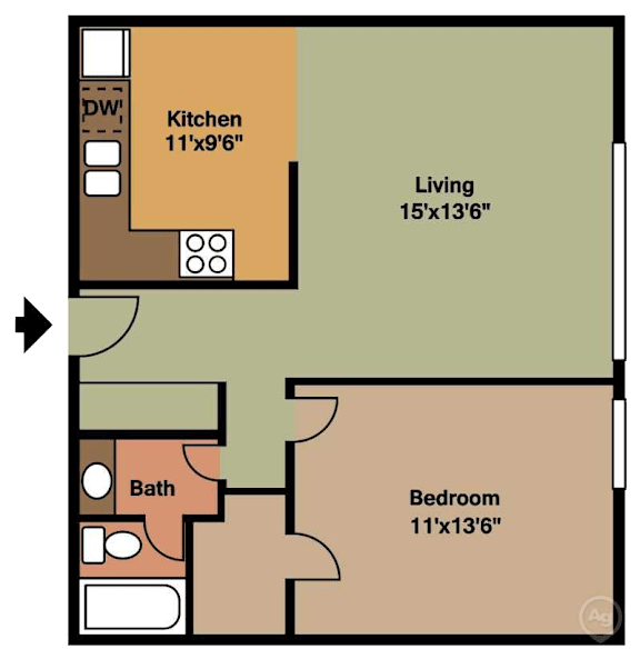 Floor Plan  1 Bedroom, 1 Bath 675 Sq. Ft.  Floor Plan at Seville Apartments in Iowa City, IA
